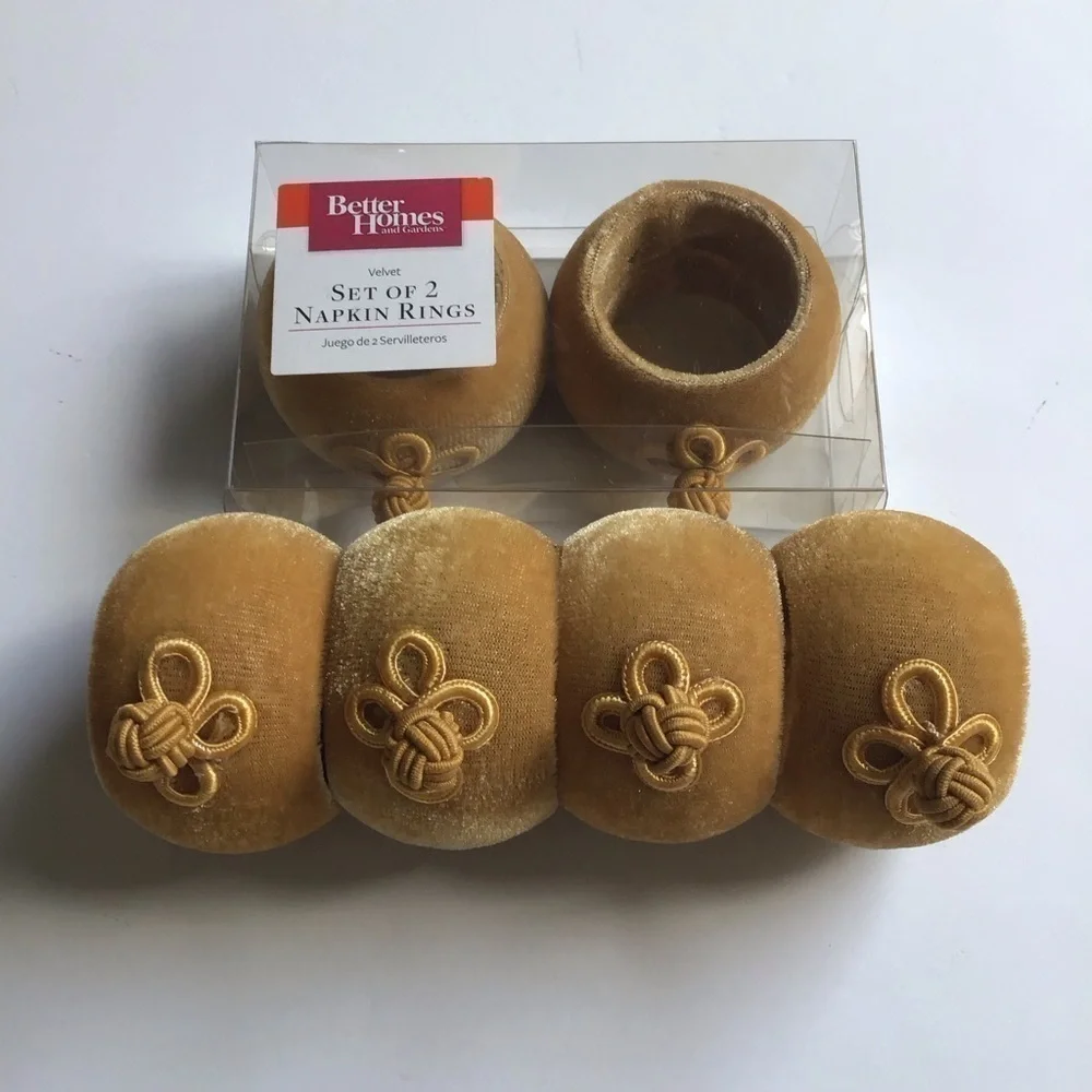 Better Homes & Gardens SET OF 6 Tan Gold Velvet Asian Knot Round Napkin Rings